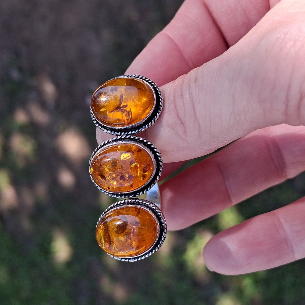 New Triple Amber 925 Silver Knuckles Midi Ring.